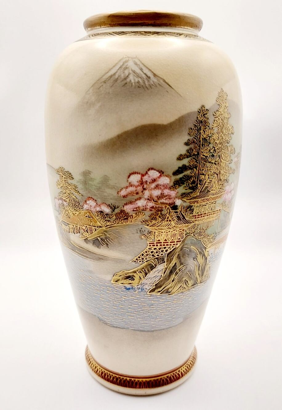 Antique Japanese Meiji Period Satsuma Earthenware Vase Landscape Gold Gilt